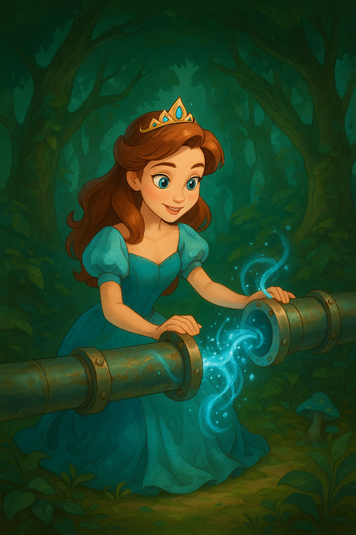 Princess fixing a pipe in the data forest